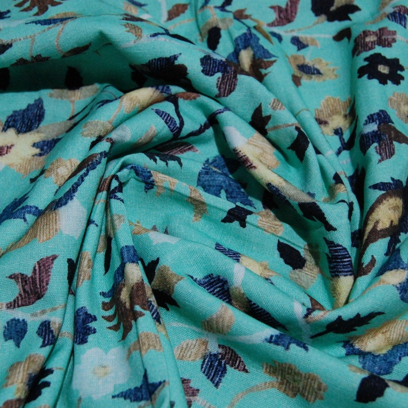 Sky Blue Floral Print Cotton Linen Fabric Trade UNO