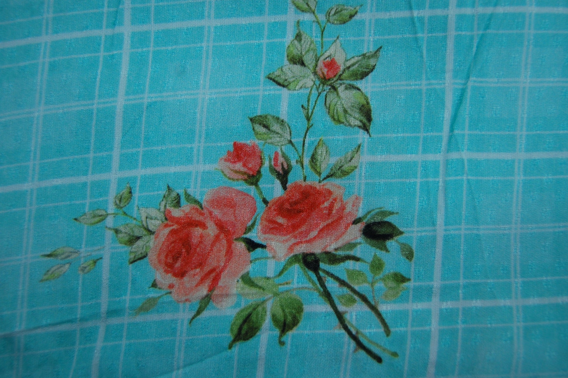 Sea Green Check Floral Print Viscose Dobby Fabric Trade UNO
