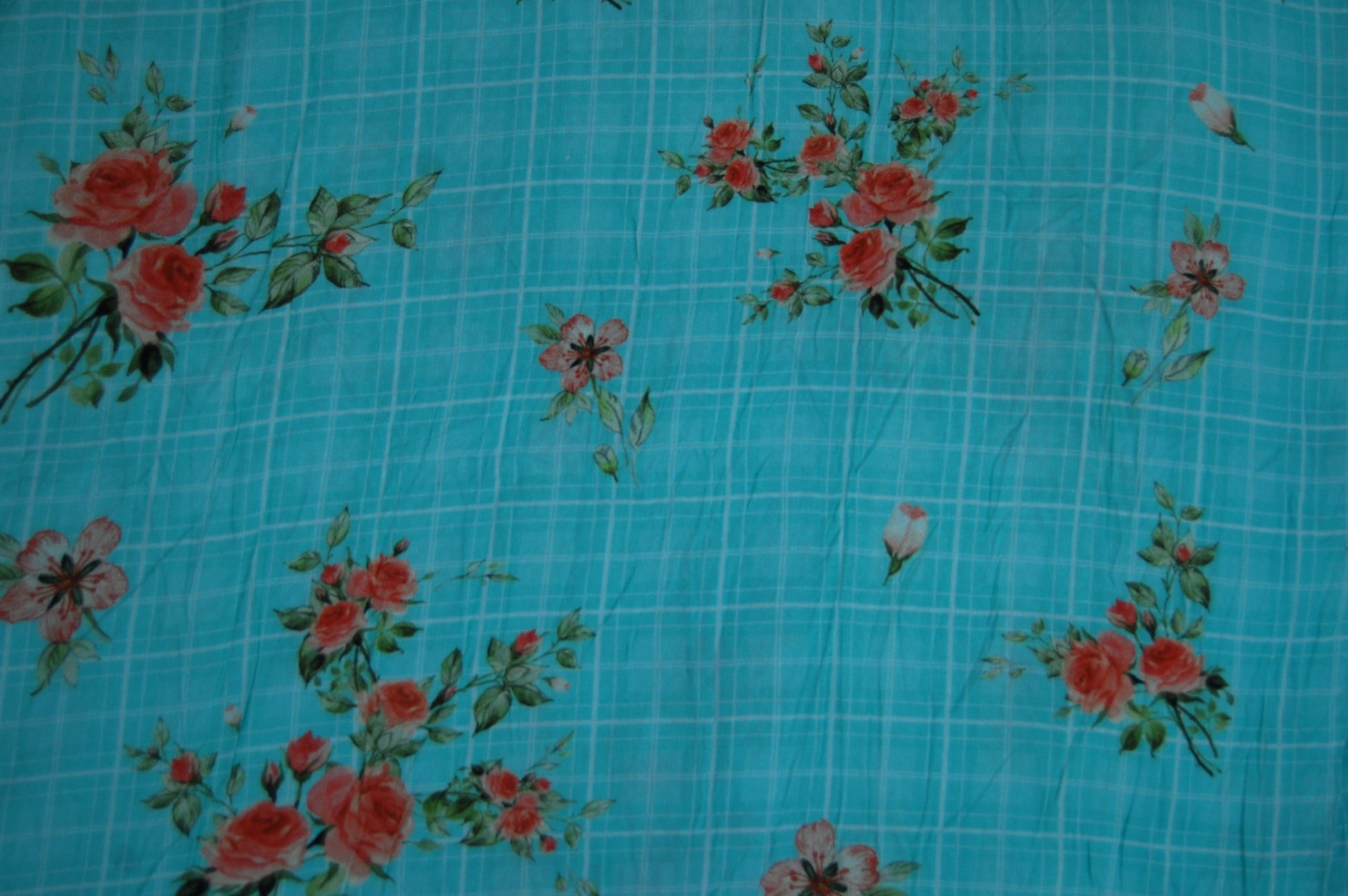Sea Green Check Floral Print Viscose Dobby Fabric Trade UNO