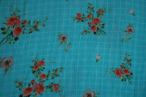 Sea Green Check Floral Print Viscose Dobby Fabric