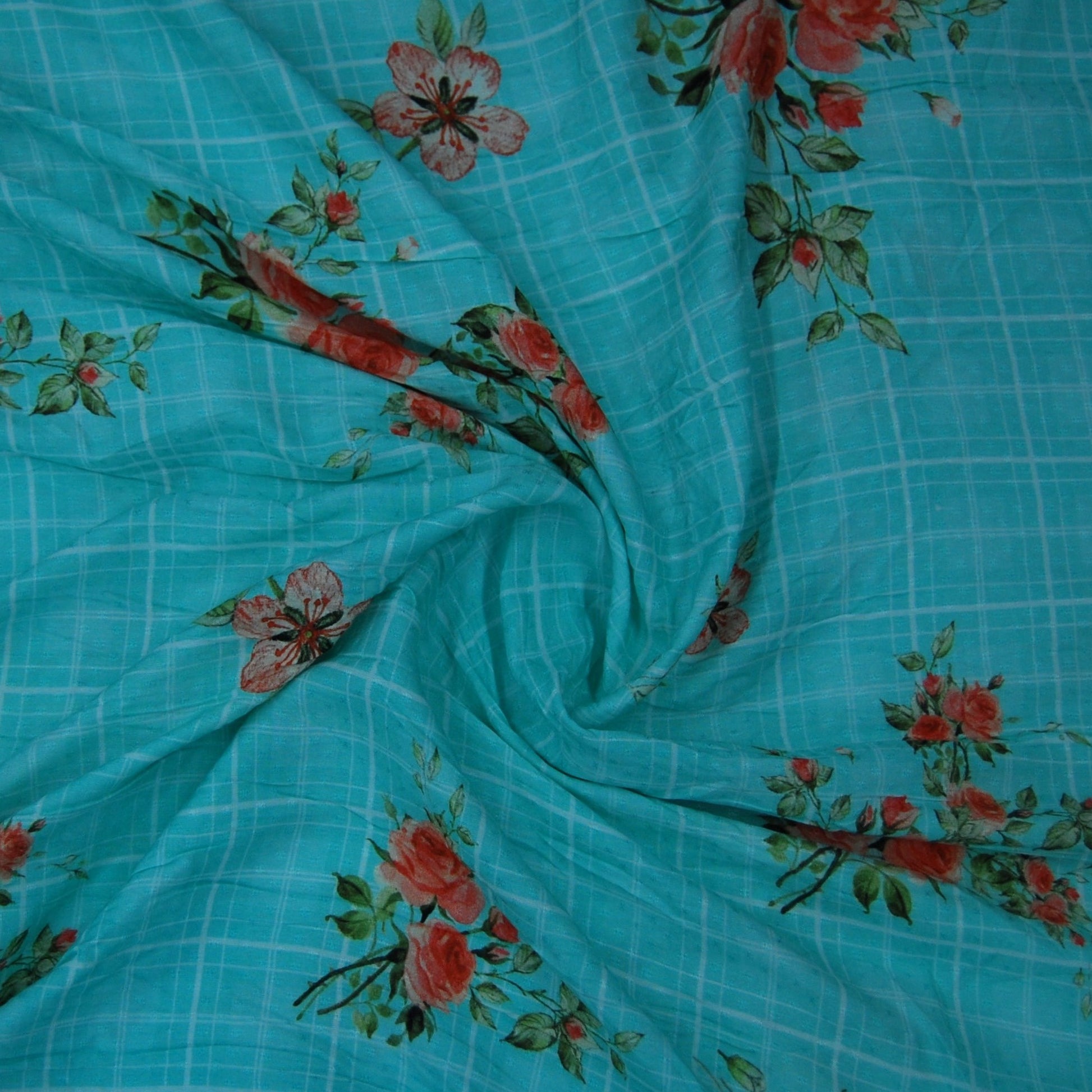 Sea Green Check Floral Print Viscose Dobby Fabric Trade UNO