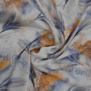 White & Multi Color Leaf Print Viscose Dobby Fabric