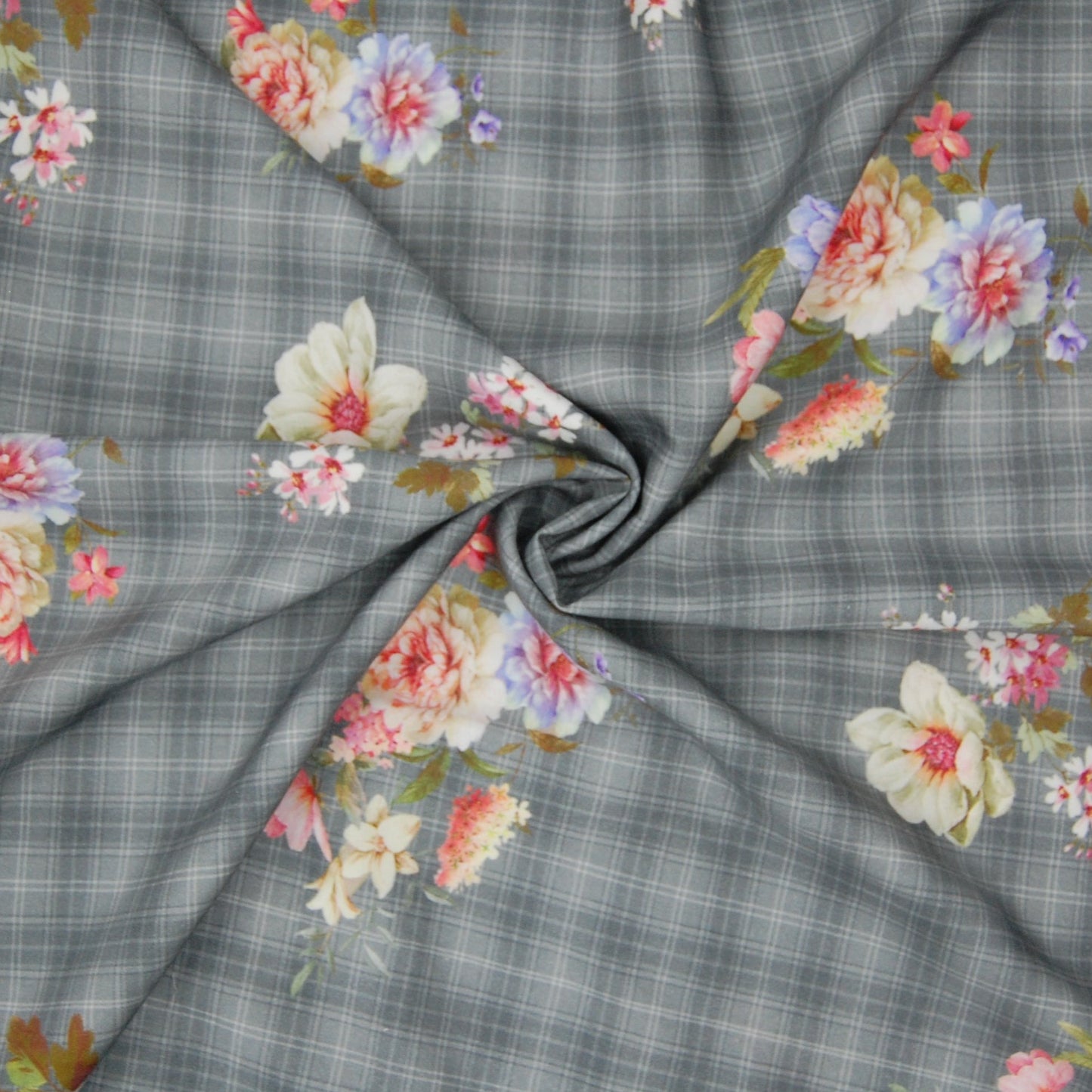Grey Check Floral Print Viscose Fabric Trade UNO