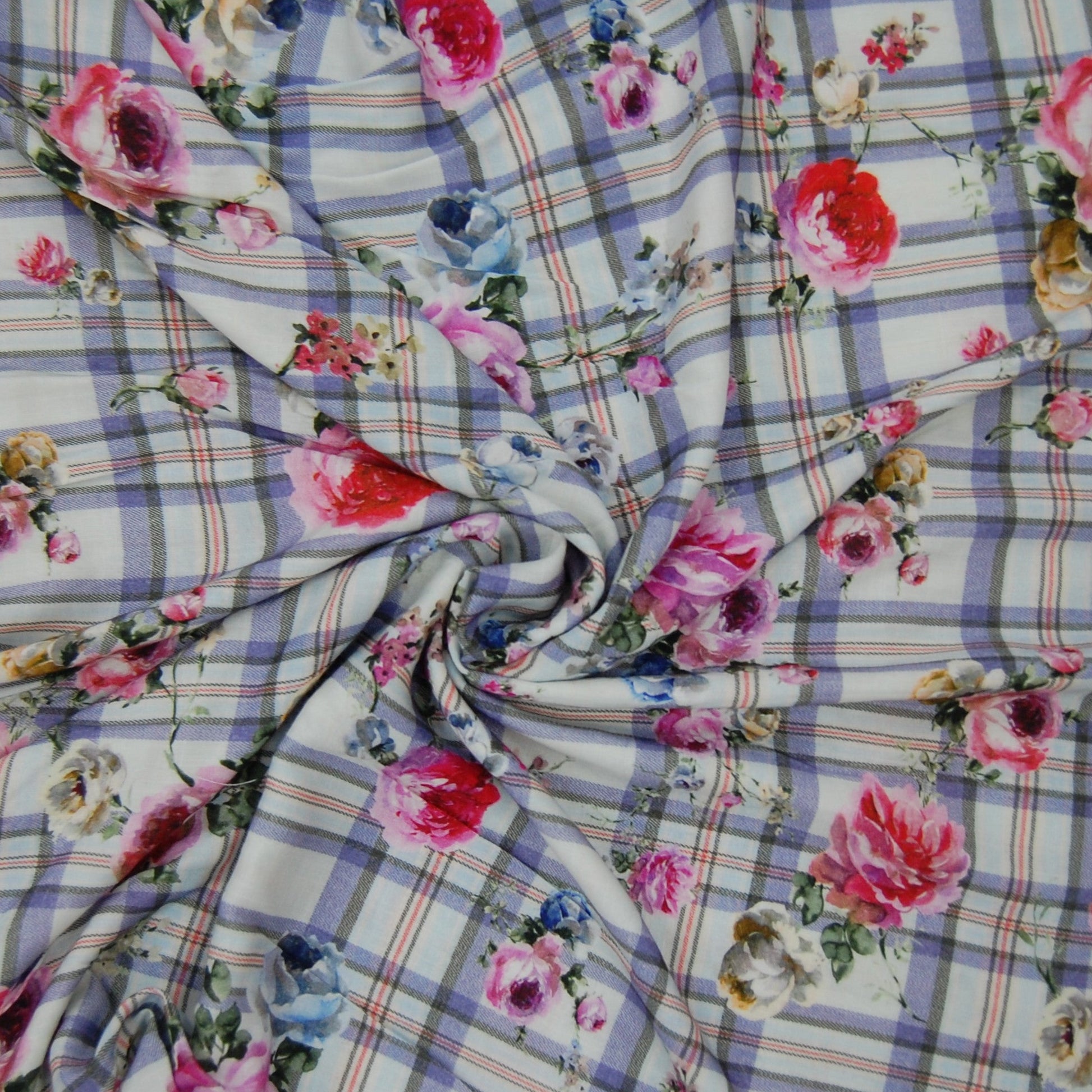 White Floral Check Print Viscose Fabric Trade Uno