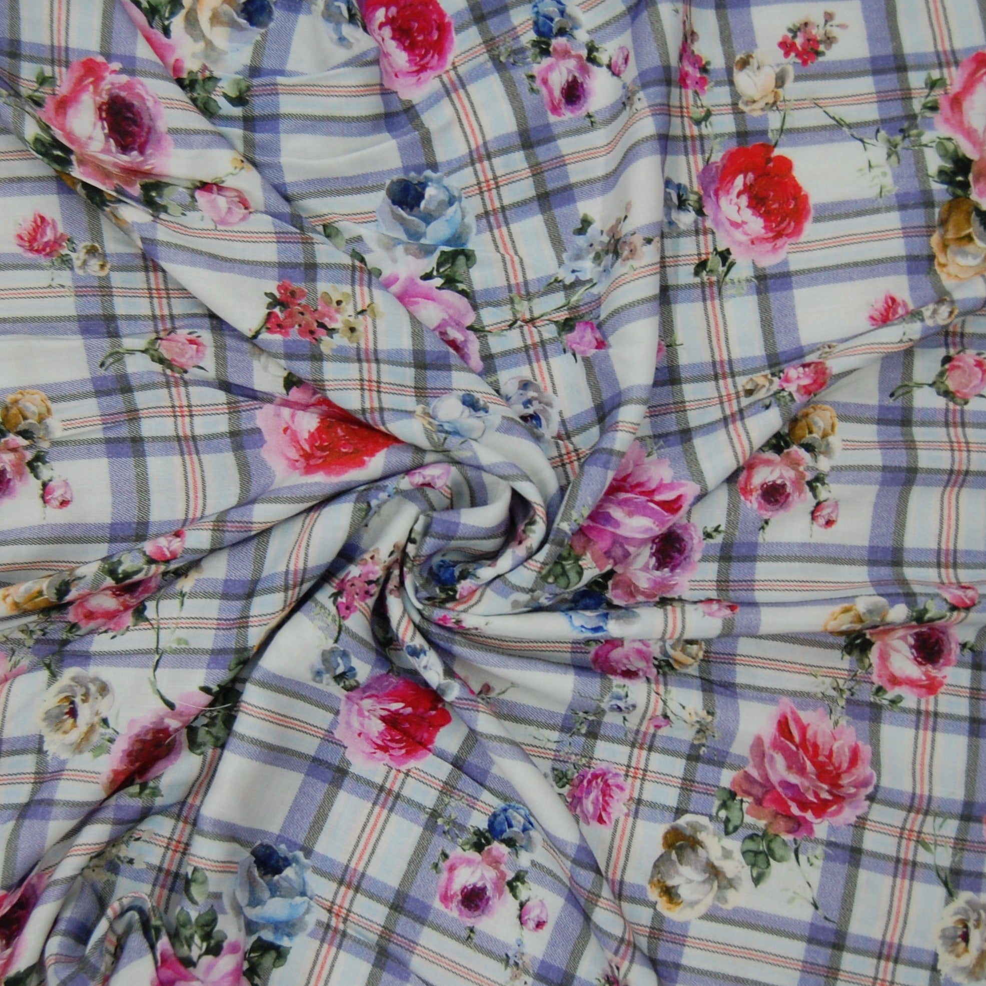White Floral Check Print Viscose Fabric Trade Uno
