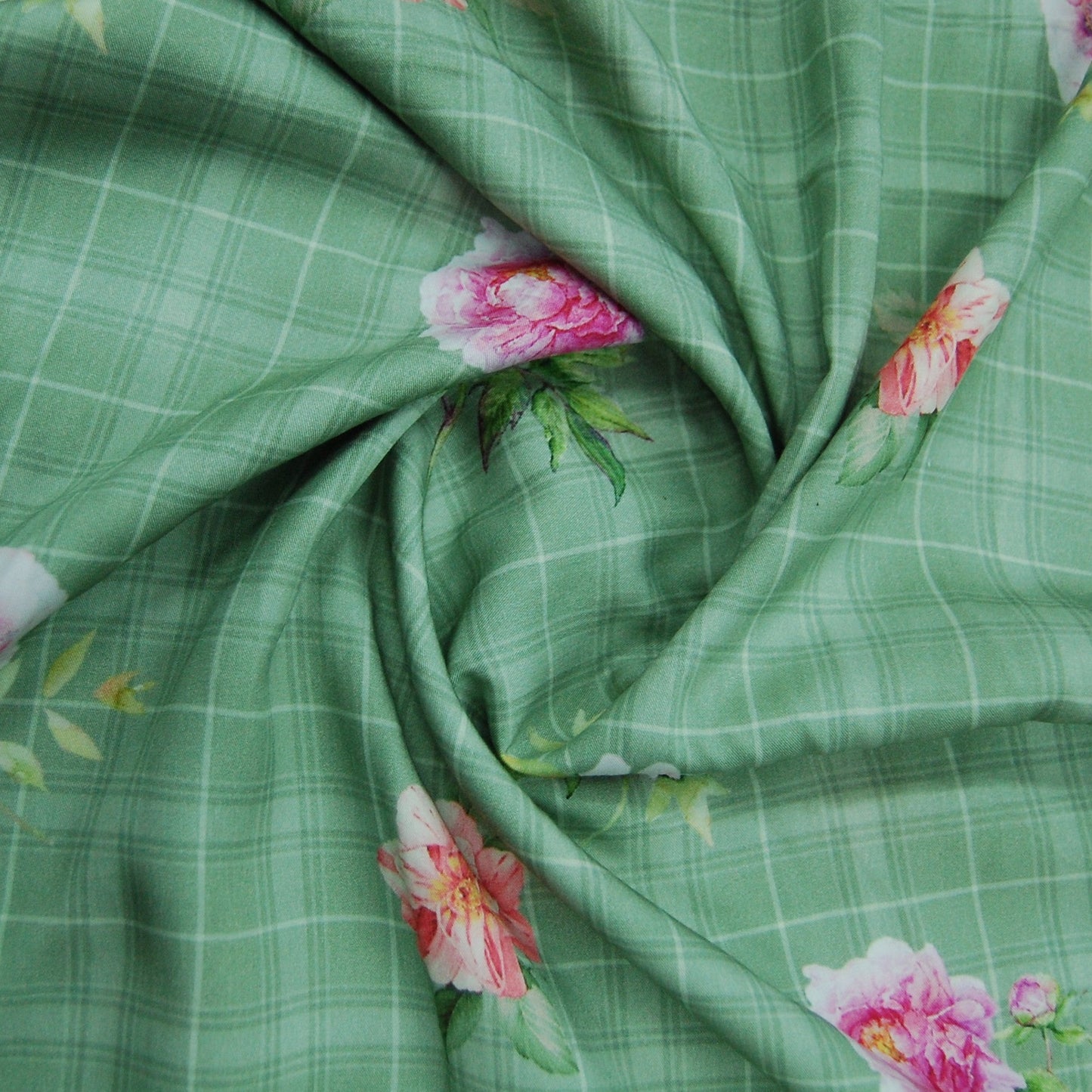 Sea Green Check Floral Print Viscose Fabric Trade UNO