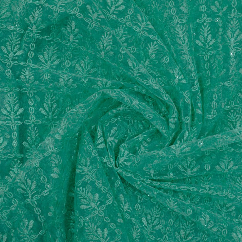 Green Floral Embroidery On Net Fabric Trade UNO