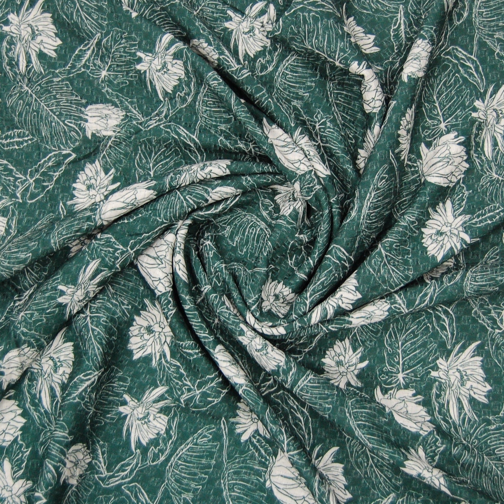 Green & White Floral Print Viscose Dobby Fabric Trade UNO