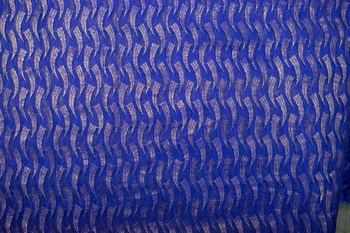 Blue With Golden Thread Embroidery On Net Fabric Trade UNO