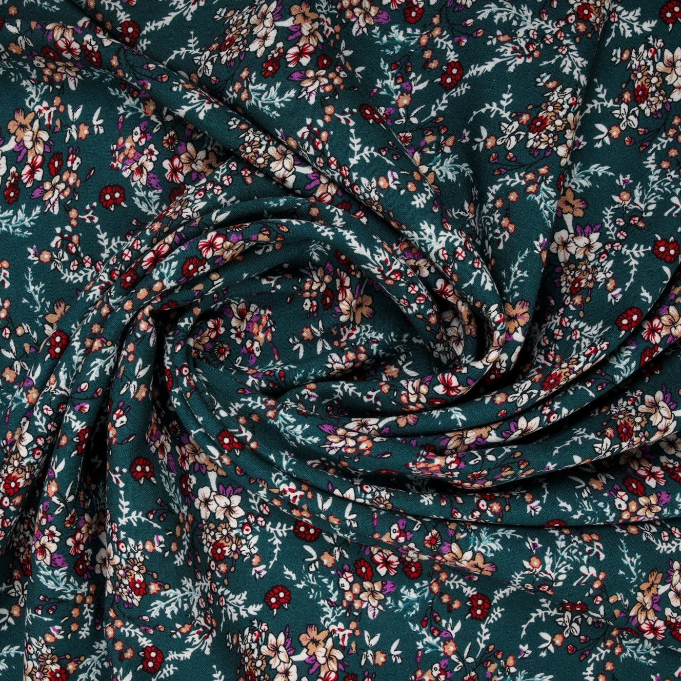 Teal Green Ditsy Floral Print Rayon Fabric 
