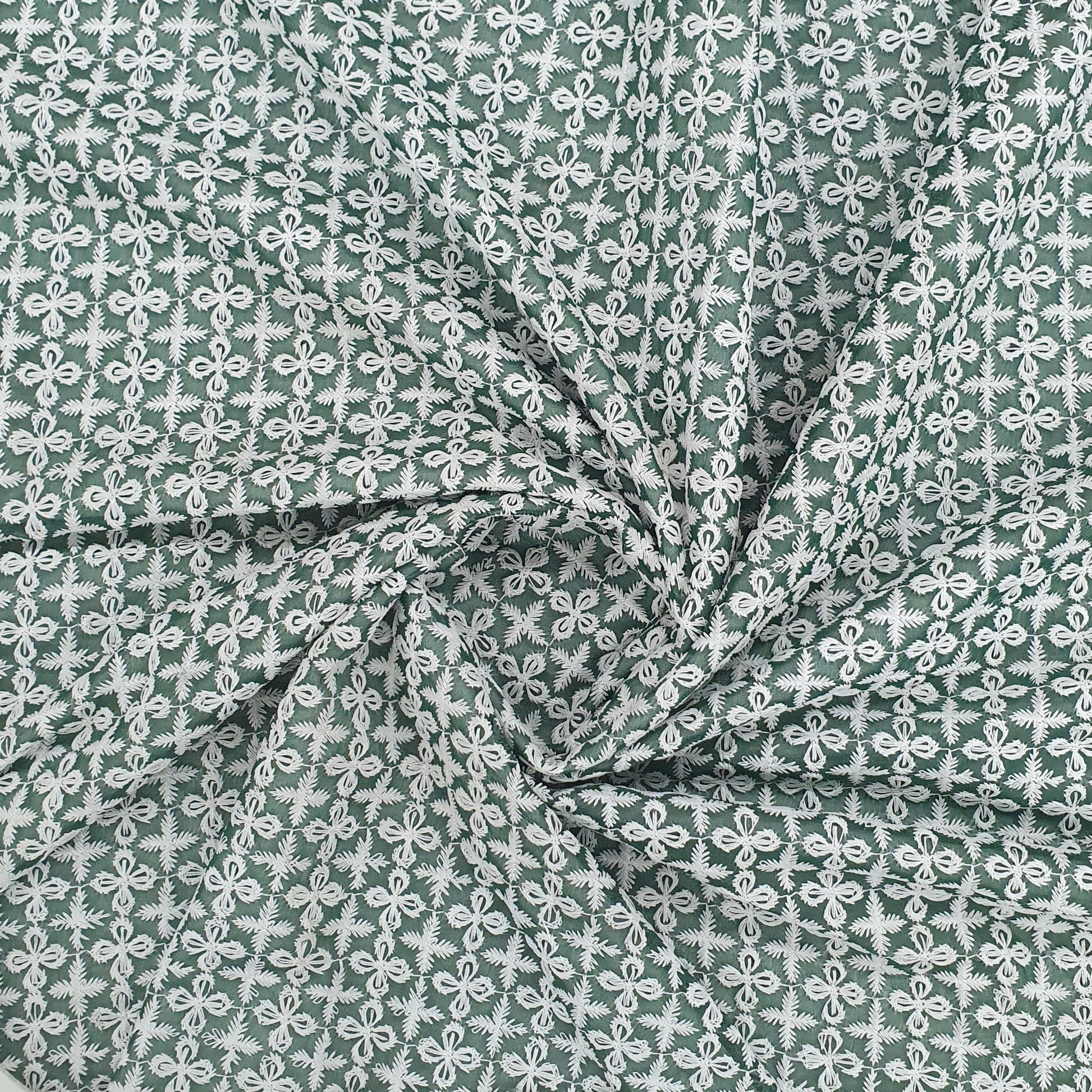White & Green Embroidery Georgette Fabric