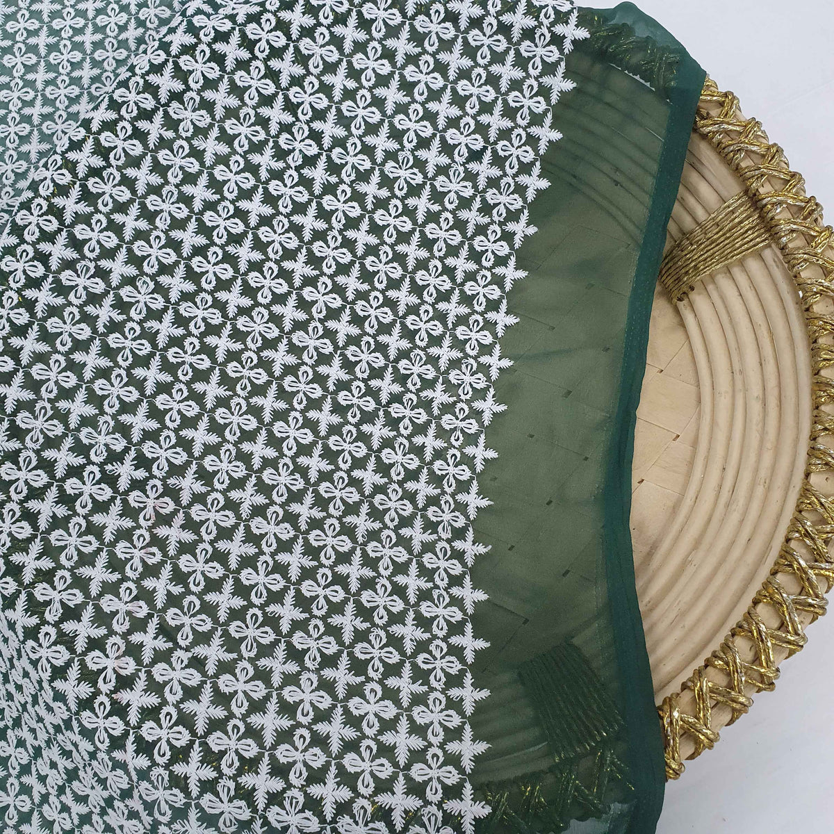 White & Green Embroidery Georgette Fabric