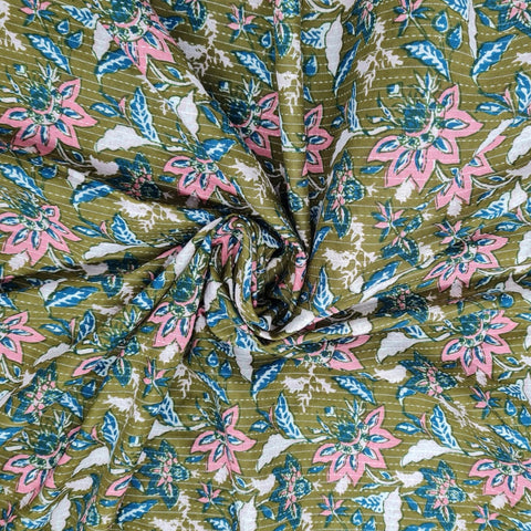 Green Floral Handblock Kantha Cotton Fabric Trade UNO