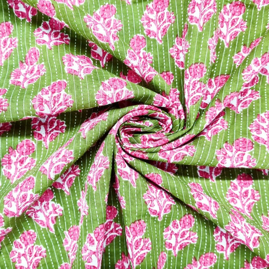 Green & Pink Handblock Kantha Cotton Fabric Trade UNO