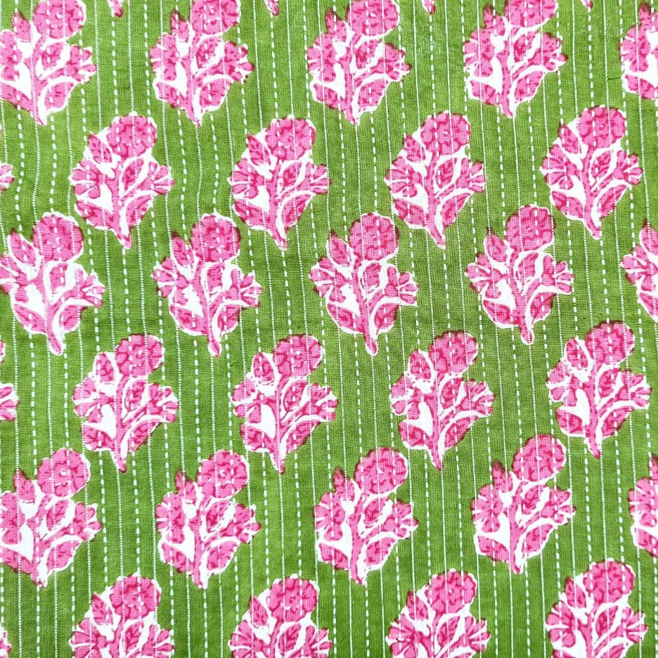 Green & Pink Handblock Kantha Cotton Fabric Trade UNO