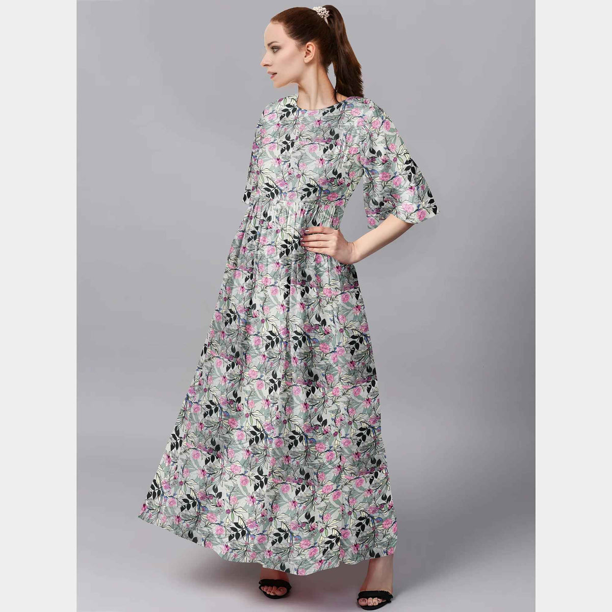 Grey Floral Print Rayon Dobby Fabric