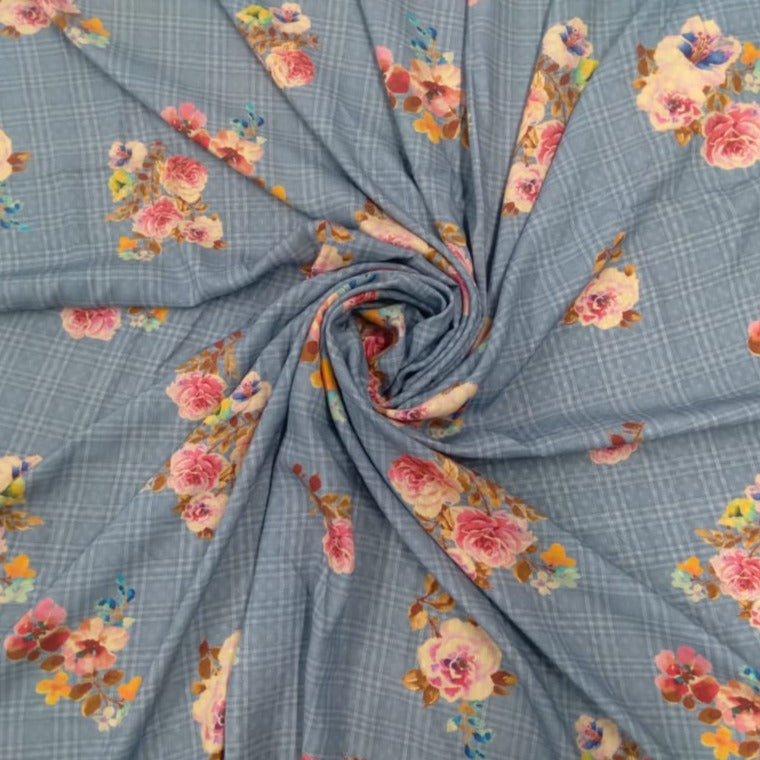 Grey Floral & Checks Printed Viscose Fabric Trade UNO