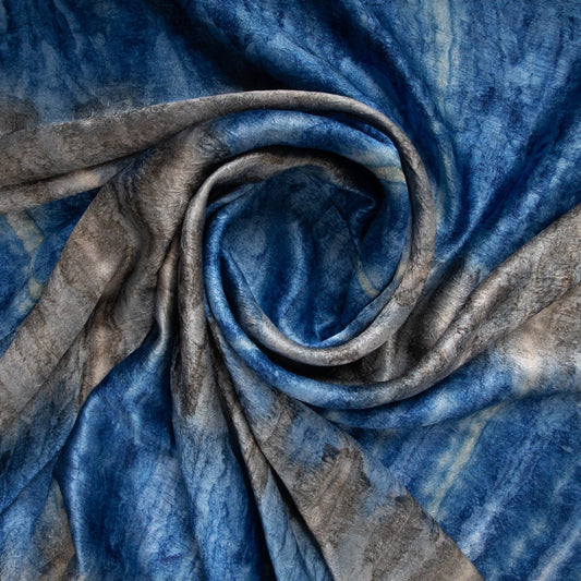 Grey & Blue Marble Print Satin Fabric Trade UNO