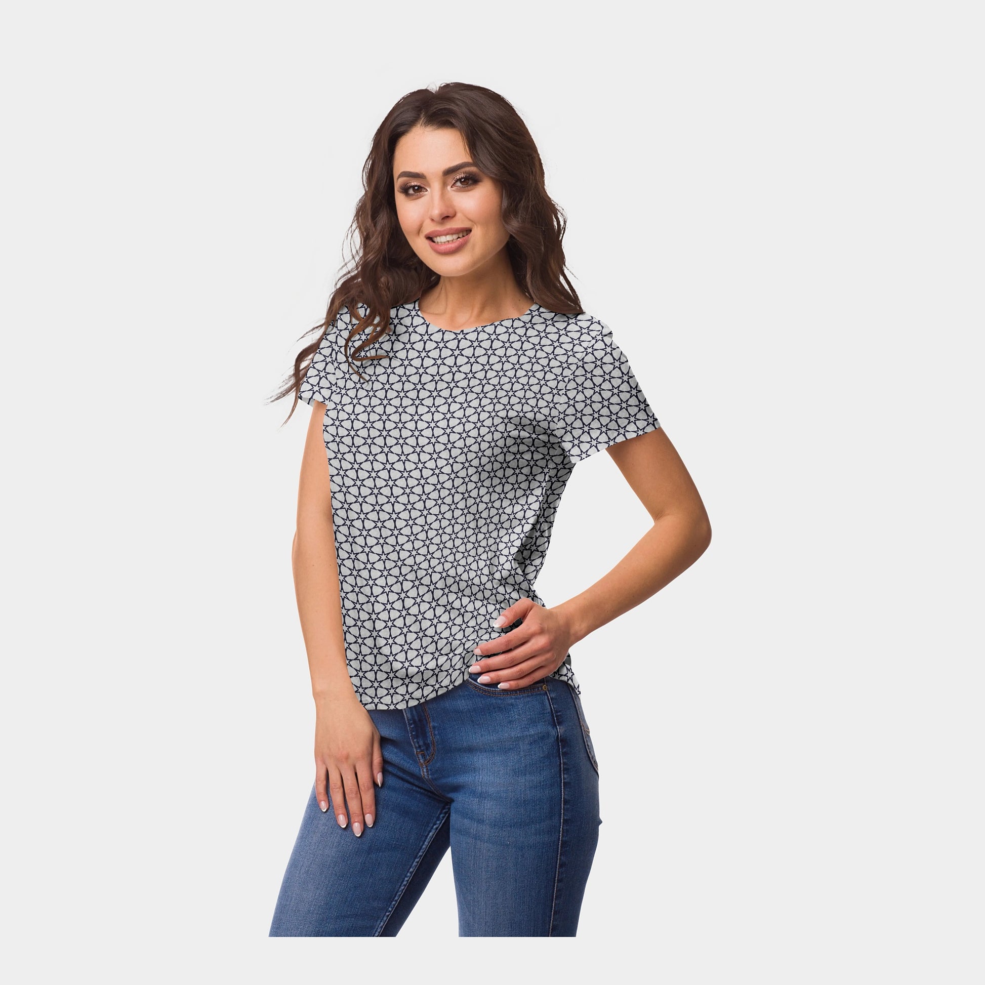 Grey & Navy Blue Star Print Viscose Fabric - TradeUNO