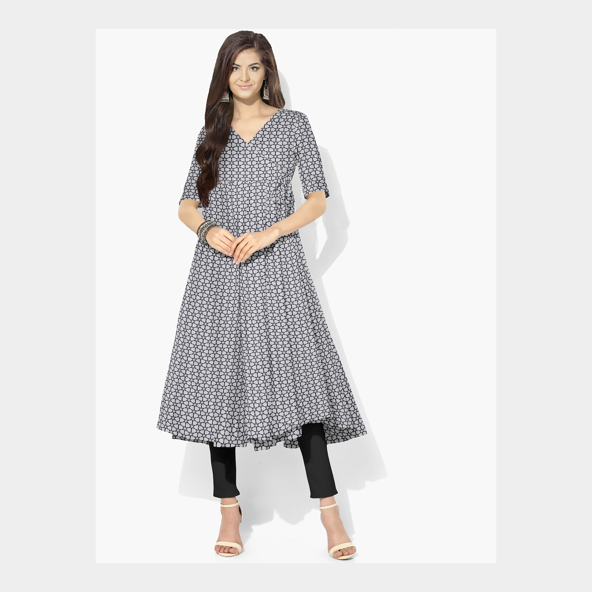 Grey & Navy Blue Star Print Viscose Fabric - TradeUNO
