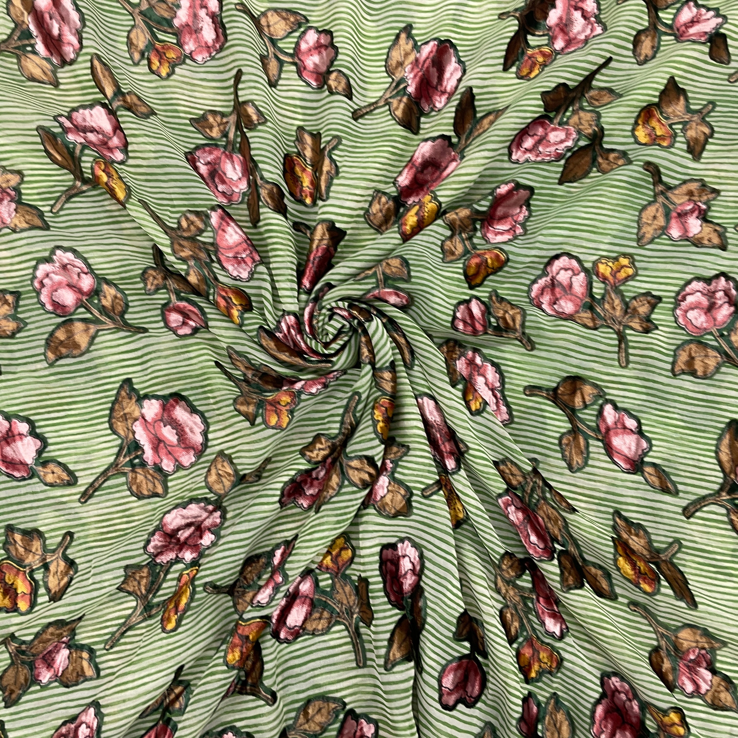 Green & Pink Floral Print Brasso Velvet Fabric - TradeUNO