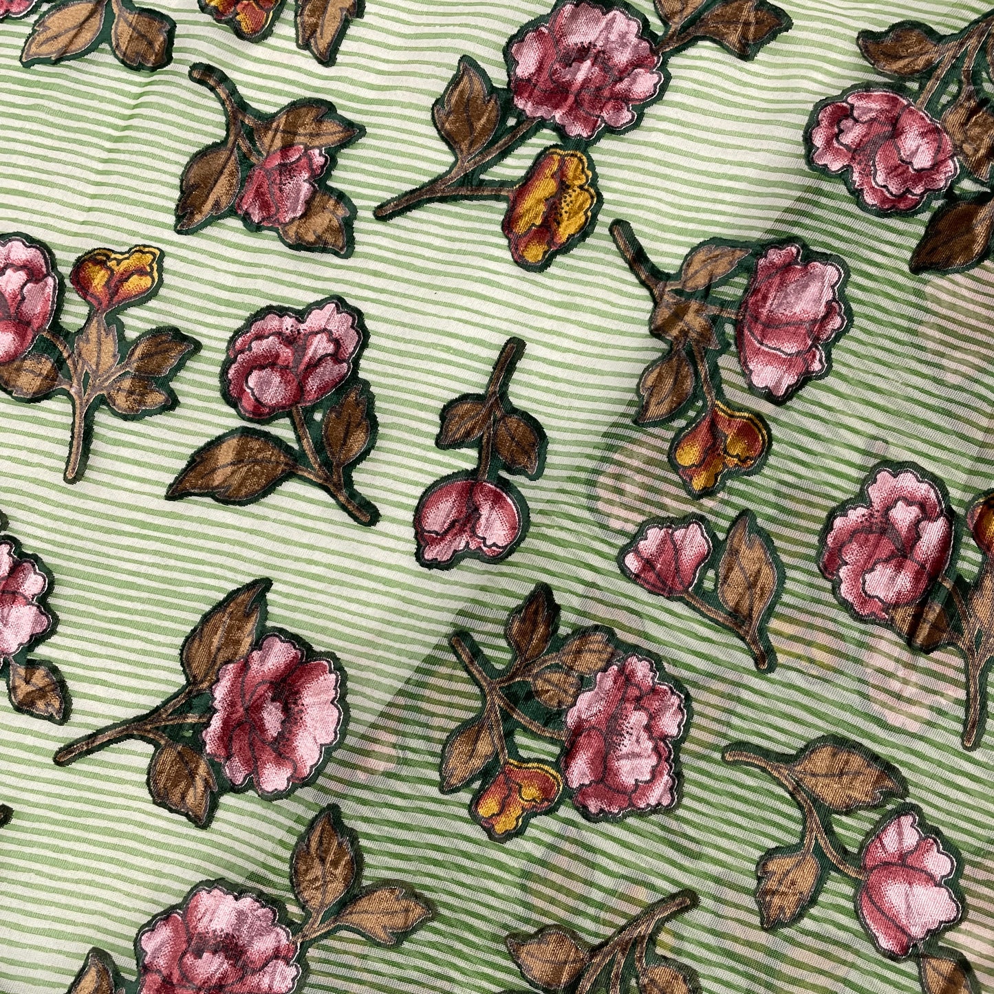 Green & Pink Floral Print Brasso Velvet Fabric - TradeUNO