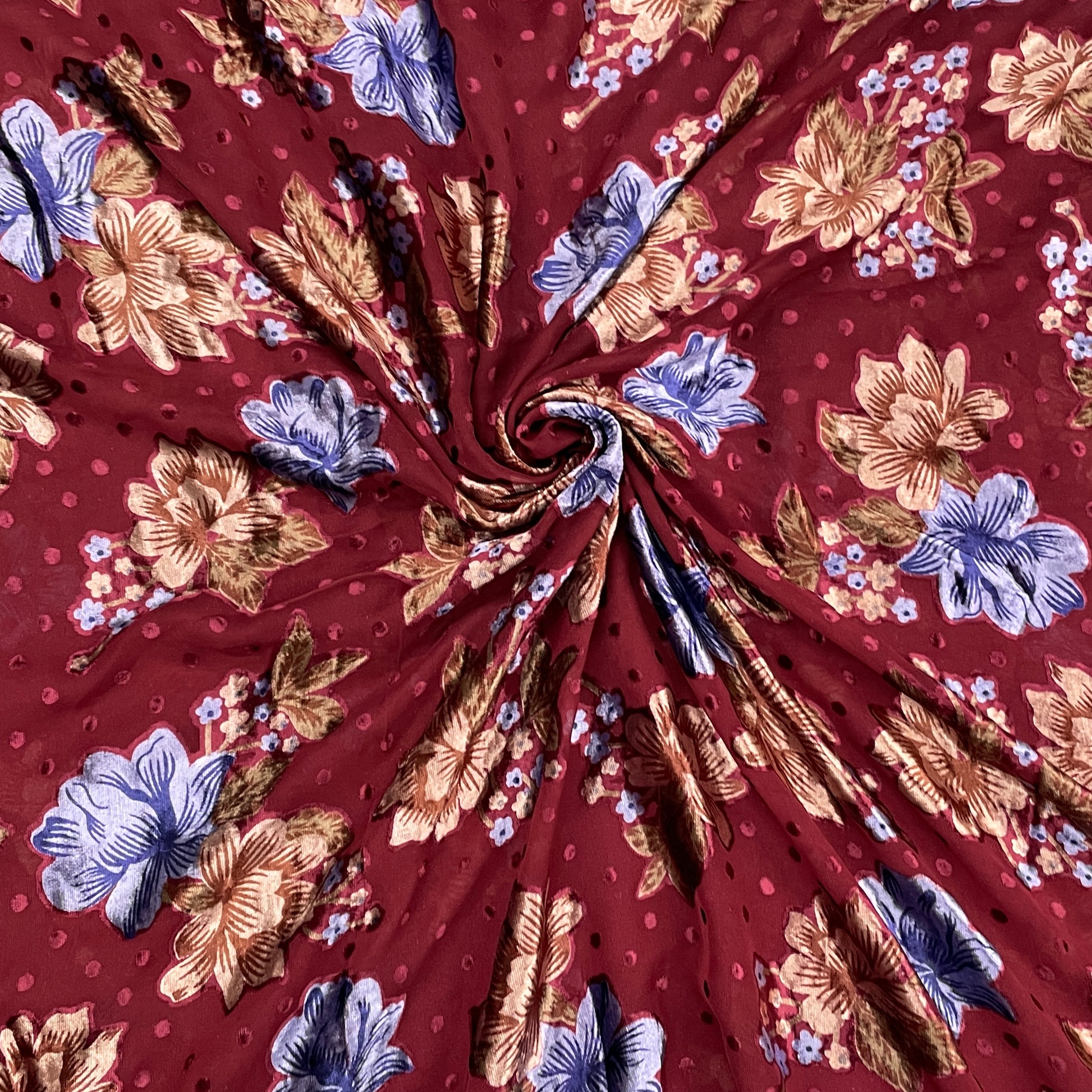 Red & Blue Floral Print Brasso Velvet Fabric - TradeUNO