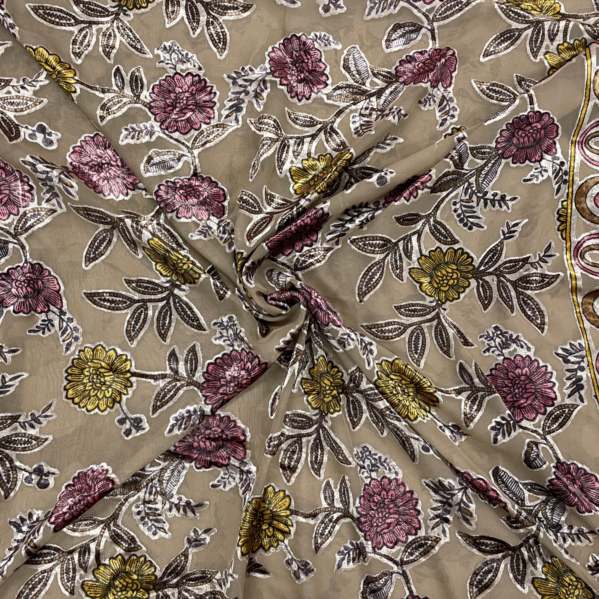 Peach Brown Floral Print Brasso Velvet Fabric - TradeUNO