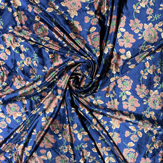 Blue & Peach  Floral Print Brasso Velvet Fabric