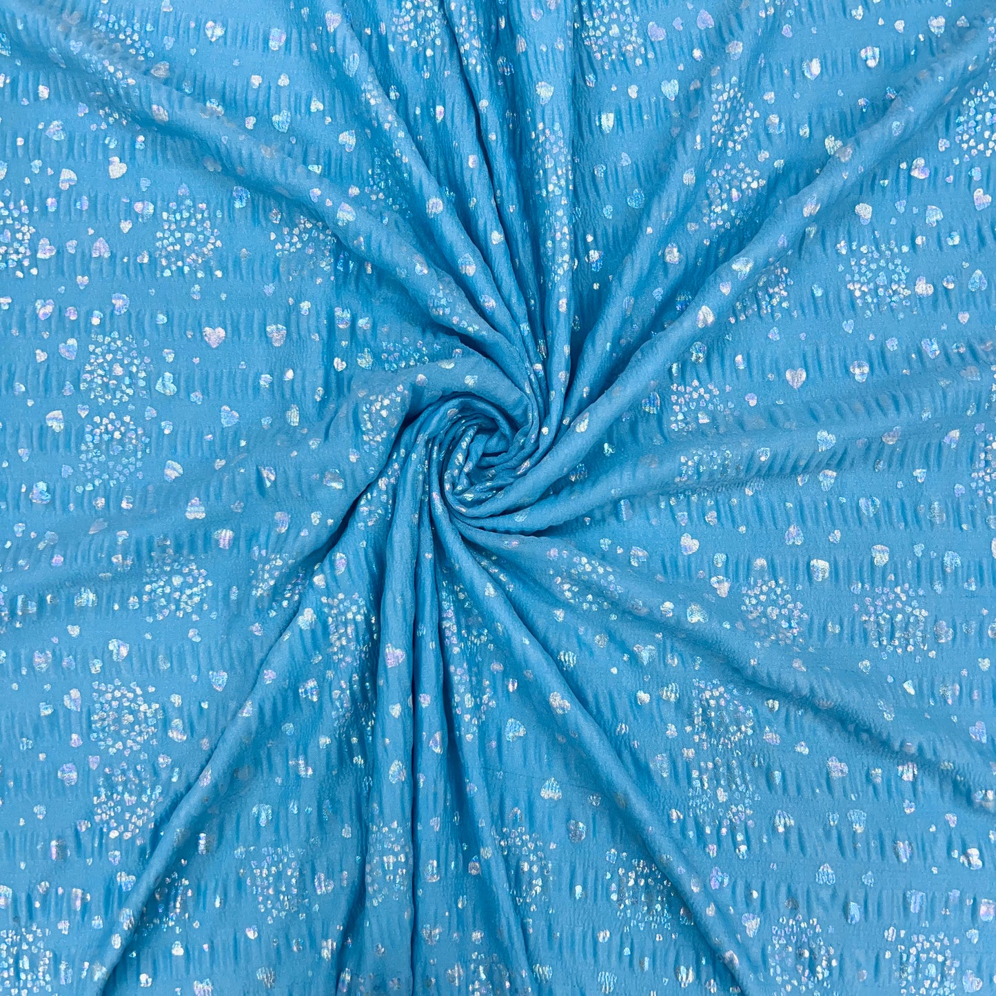 Sky Blue Foil Print Knitted Lycra Fabric - TradeUNO