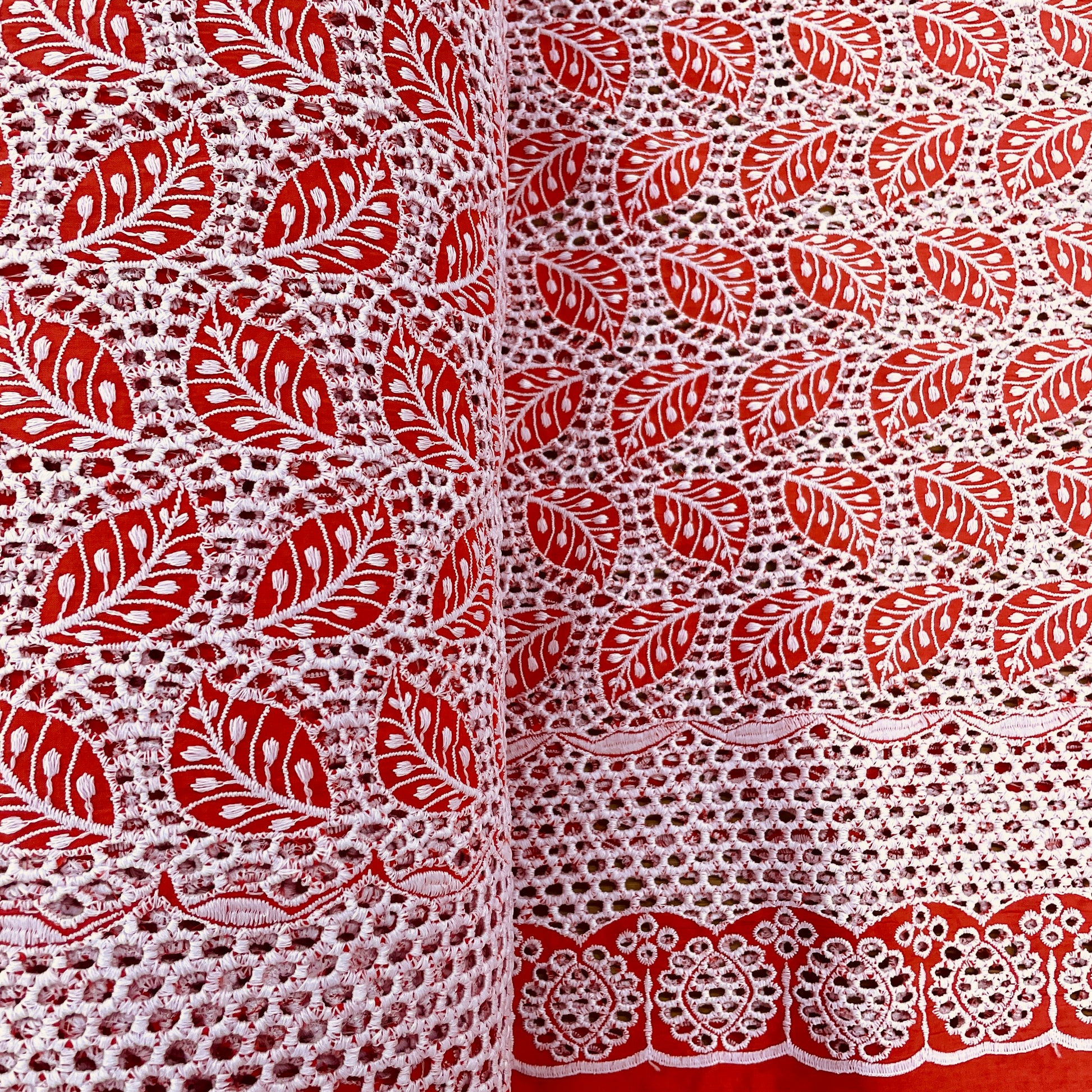 Orange & White Schiffli Embroidery Cotton Fabric