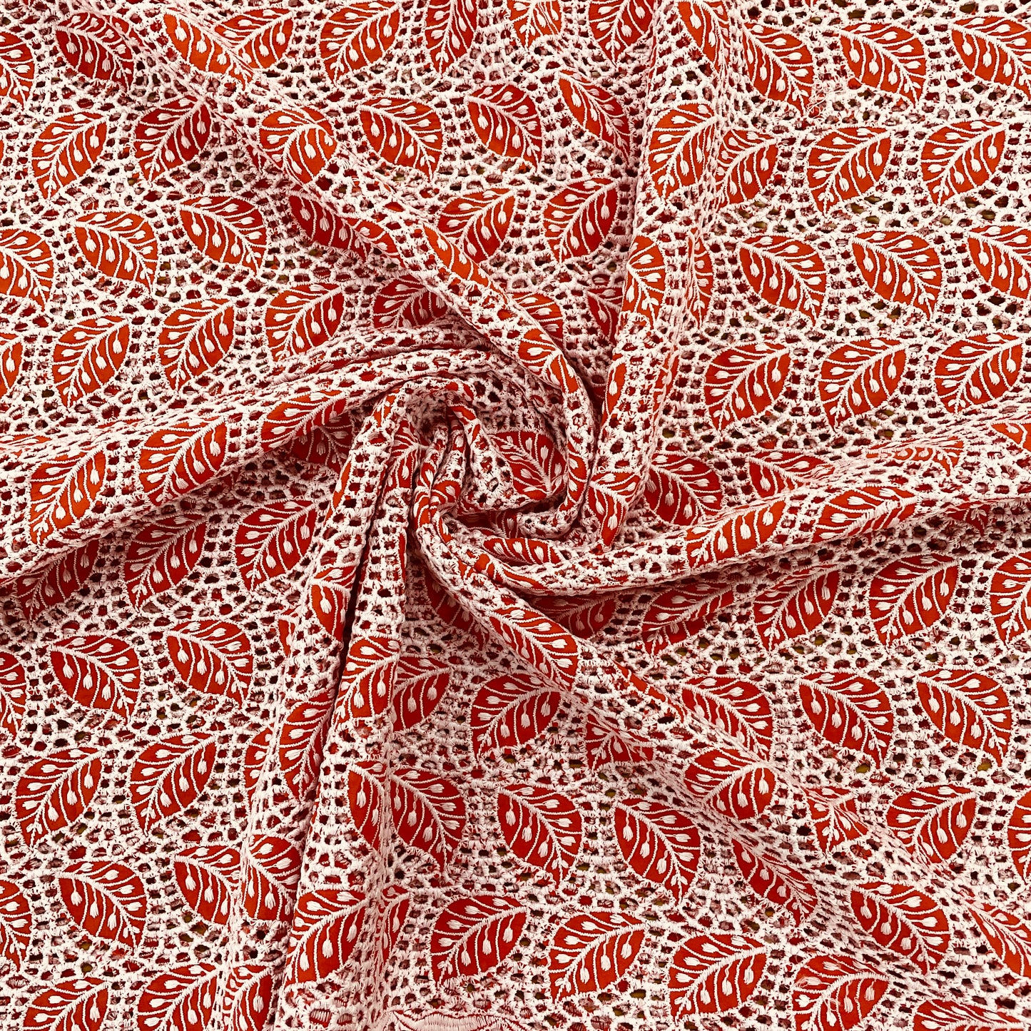 Orange & White Floral Schiffli Embroidery Cotton Fabric