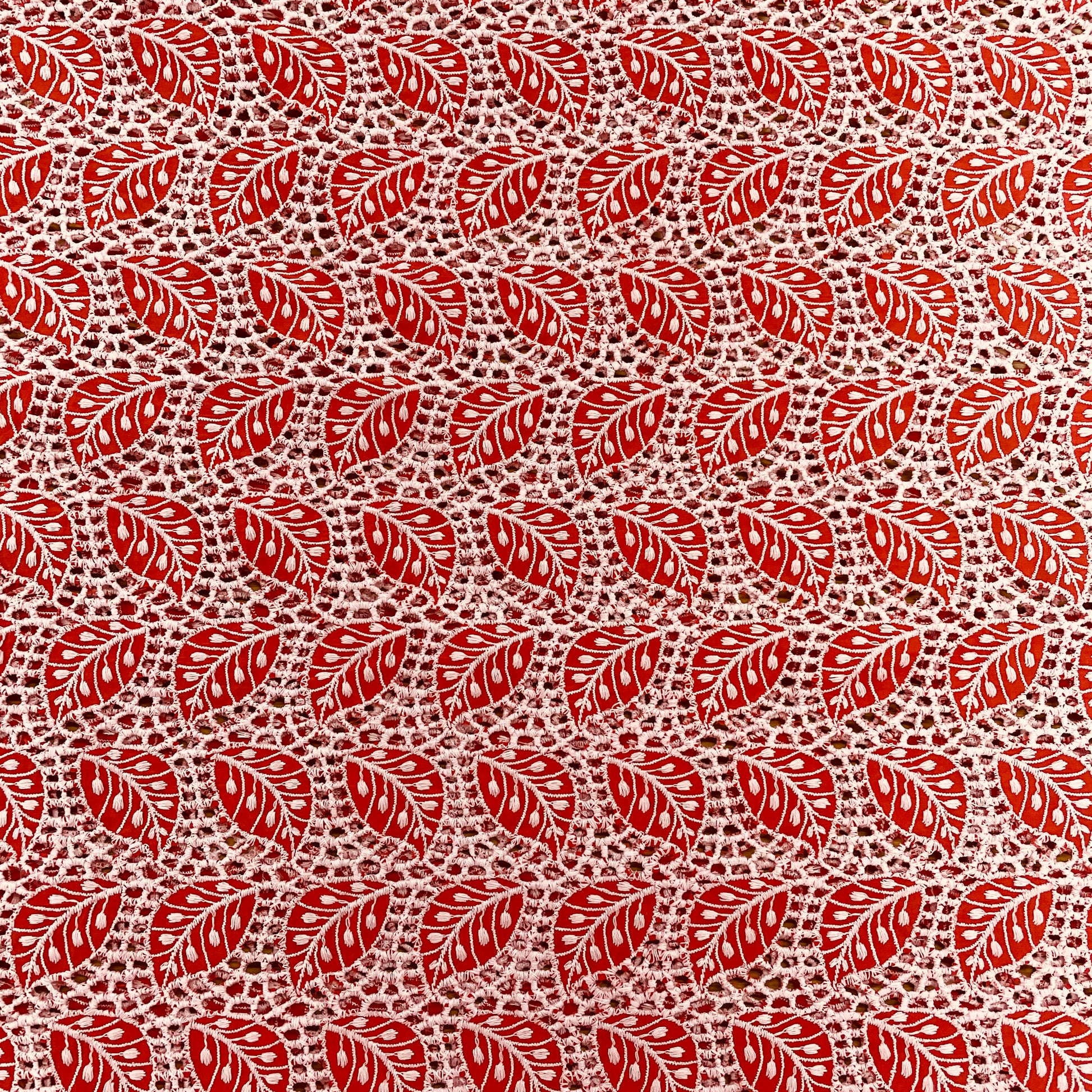 Orange & White Floral Schiffli Embroidery Fabric