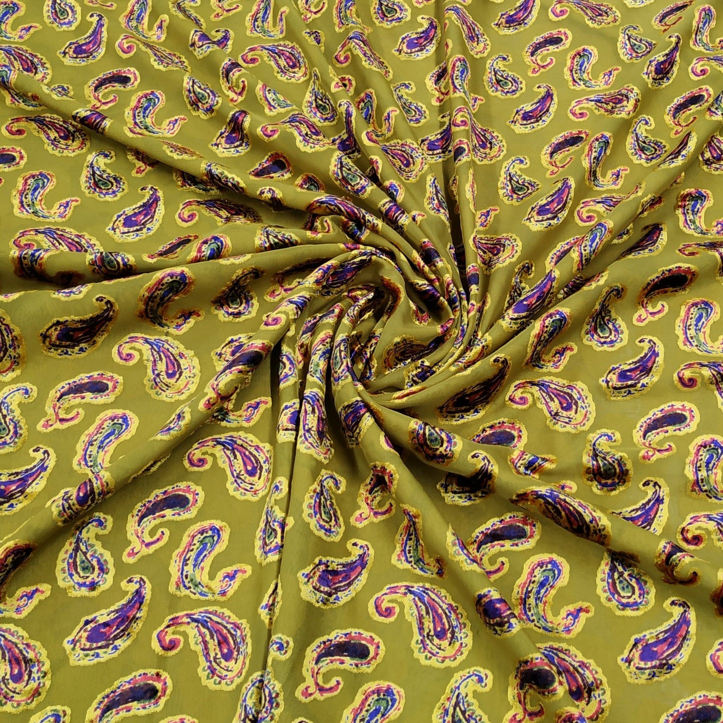 Yellow & Green Paisley Print Brasso Velvet Fabric Trade UNO