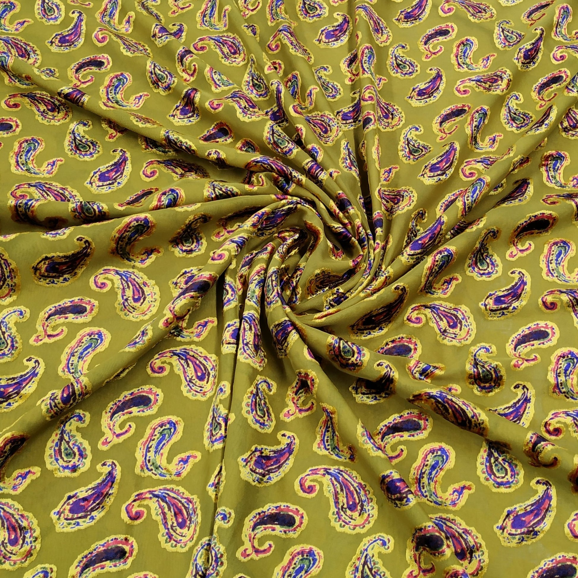 Yellow & Green Paisley Print Brasso Velvet Fabric Trade UNO