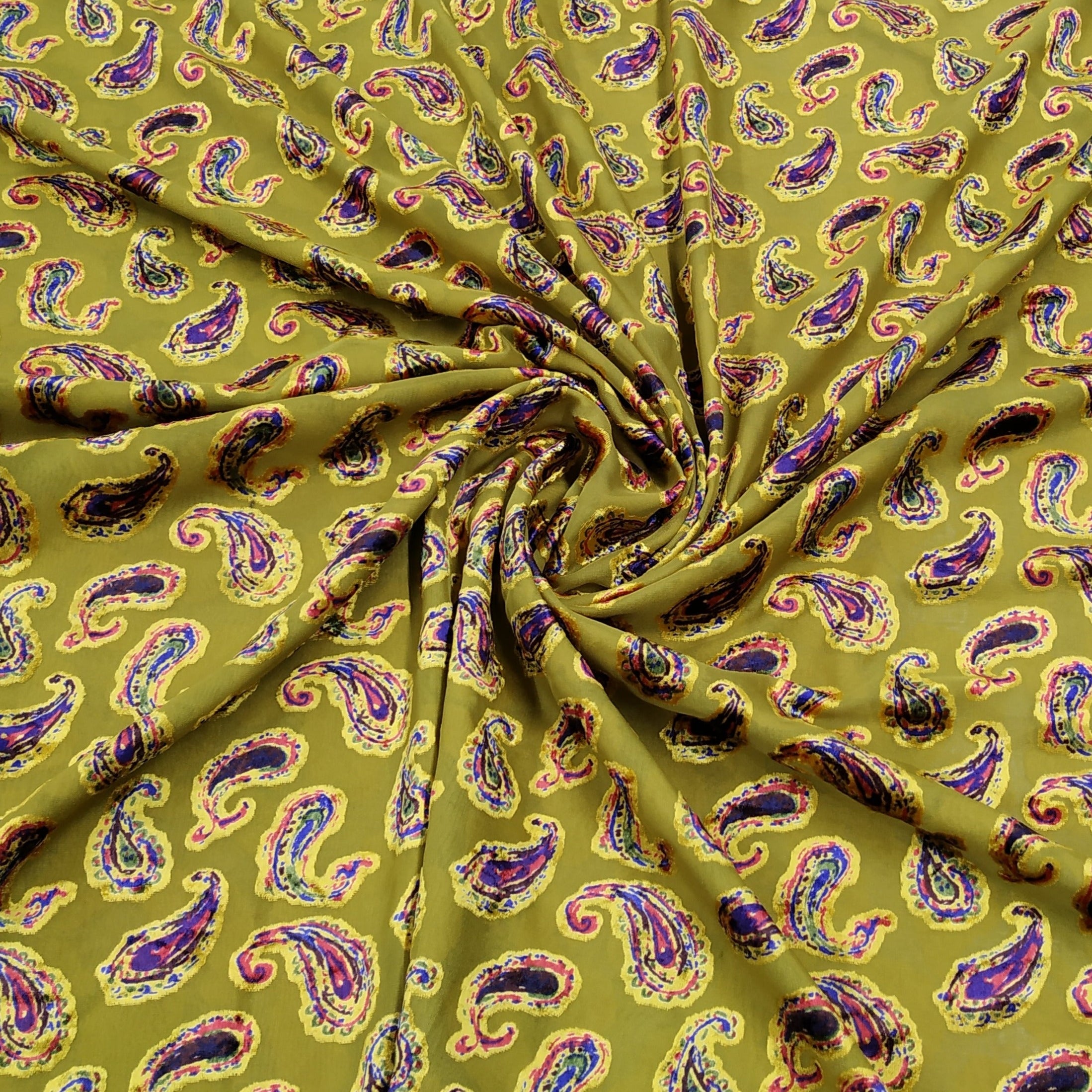 Yellow & Green Paisley Print Brasso Velvet Fabric Trade UNO