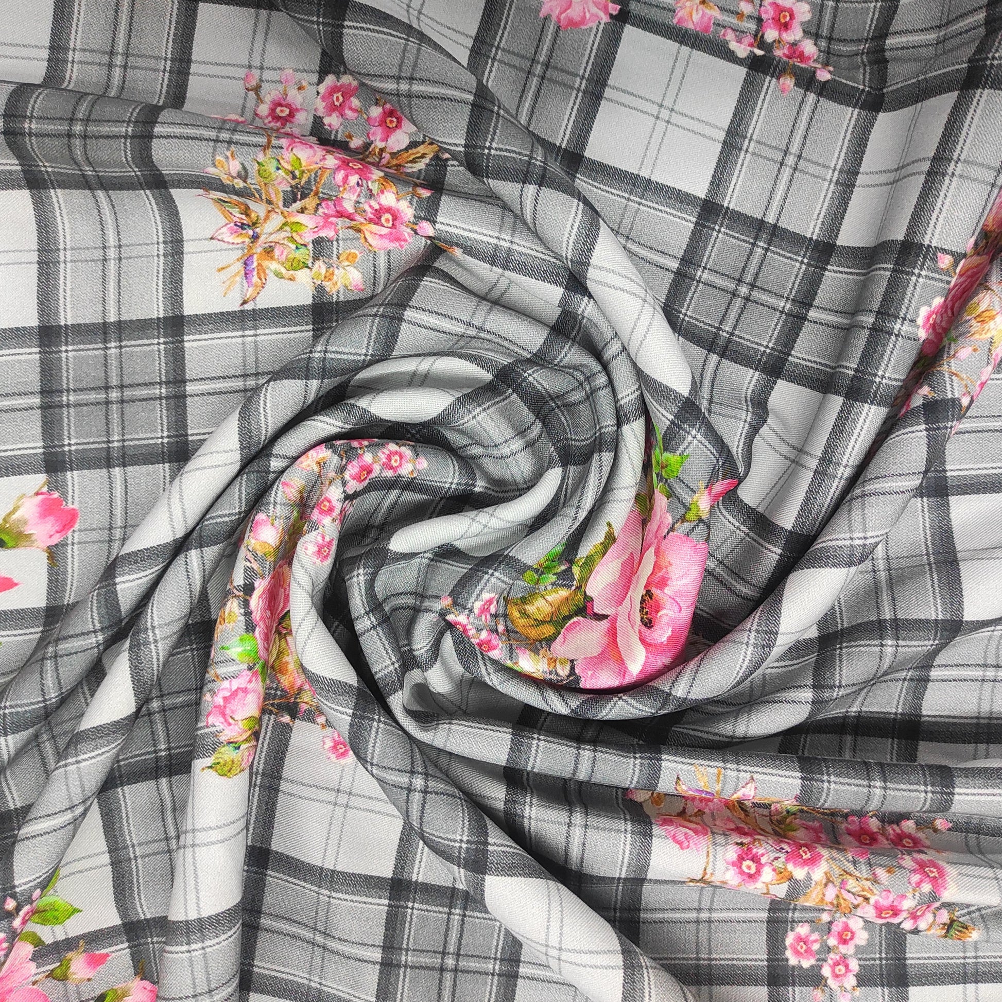 Grey & Black Check With Floral Print Viscose Fabric Trade UNO