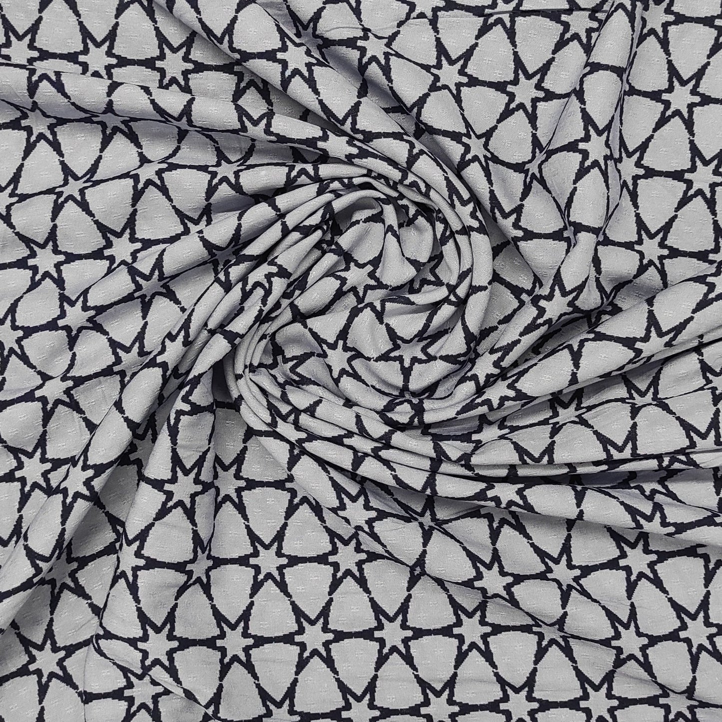 Grey & Navy Blue Star Print Viscose Dobby Fabric Trade UNO