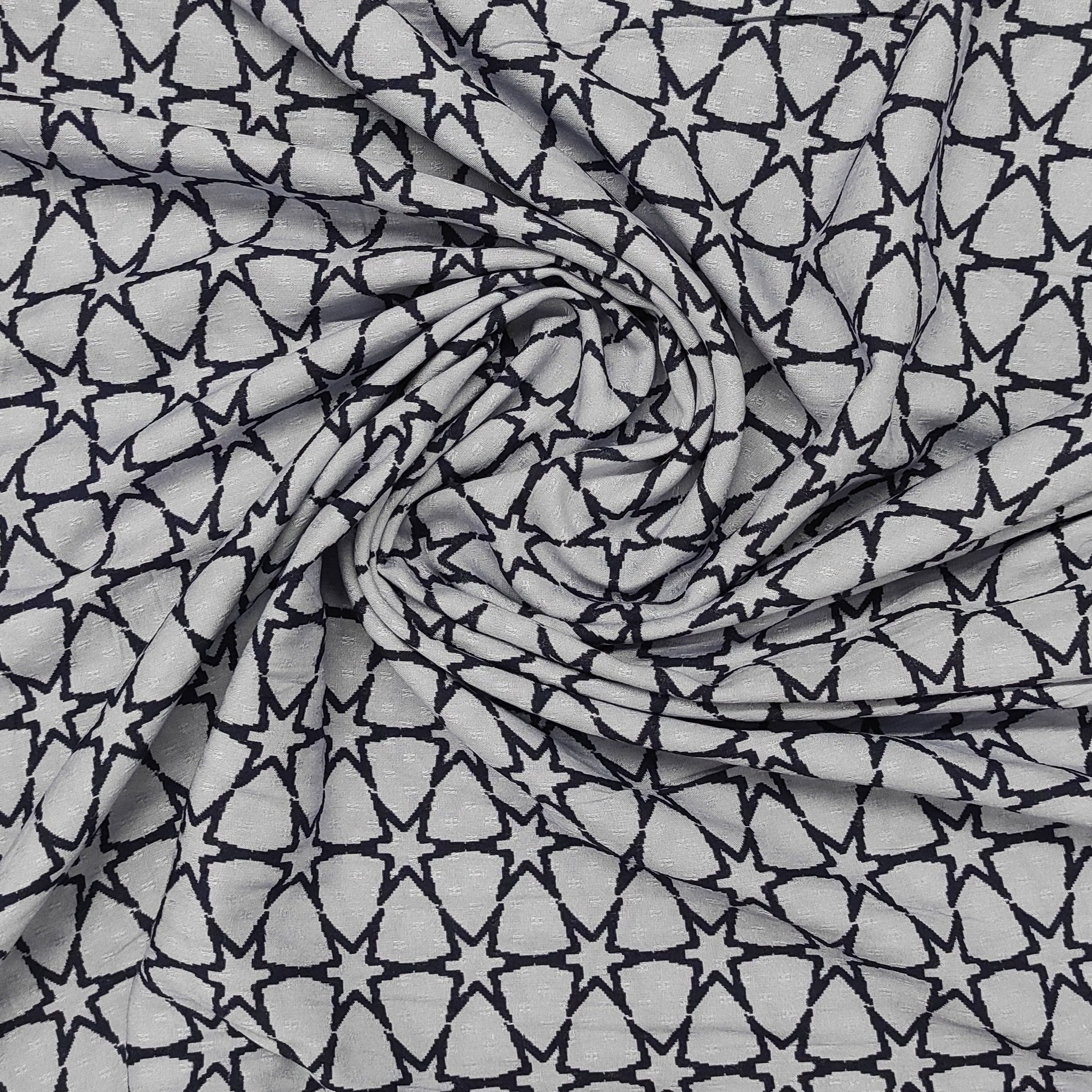 Grey & Navy Blue Star Print Viscose Dobby Fabric Trade UNO