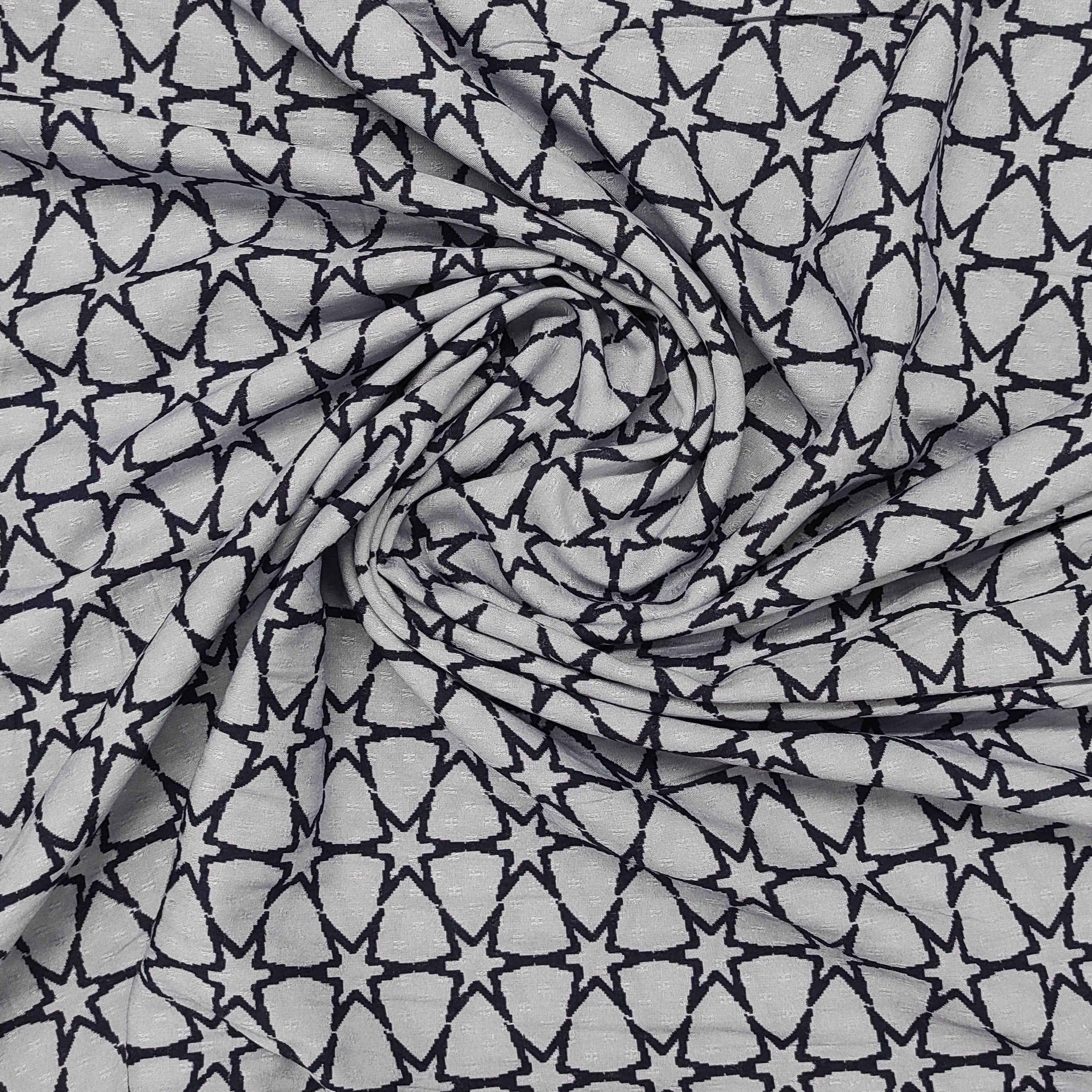 Grey & Navy Blue Star Print Viscose Dobby Fabric Trade UNO
