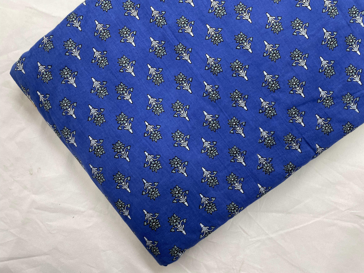 Blue Handblock Floral Print Cotton Fabric - TradeUNO
