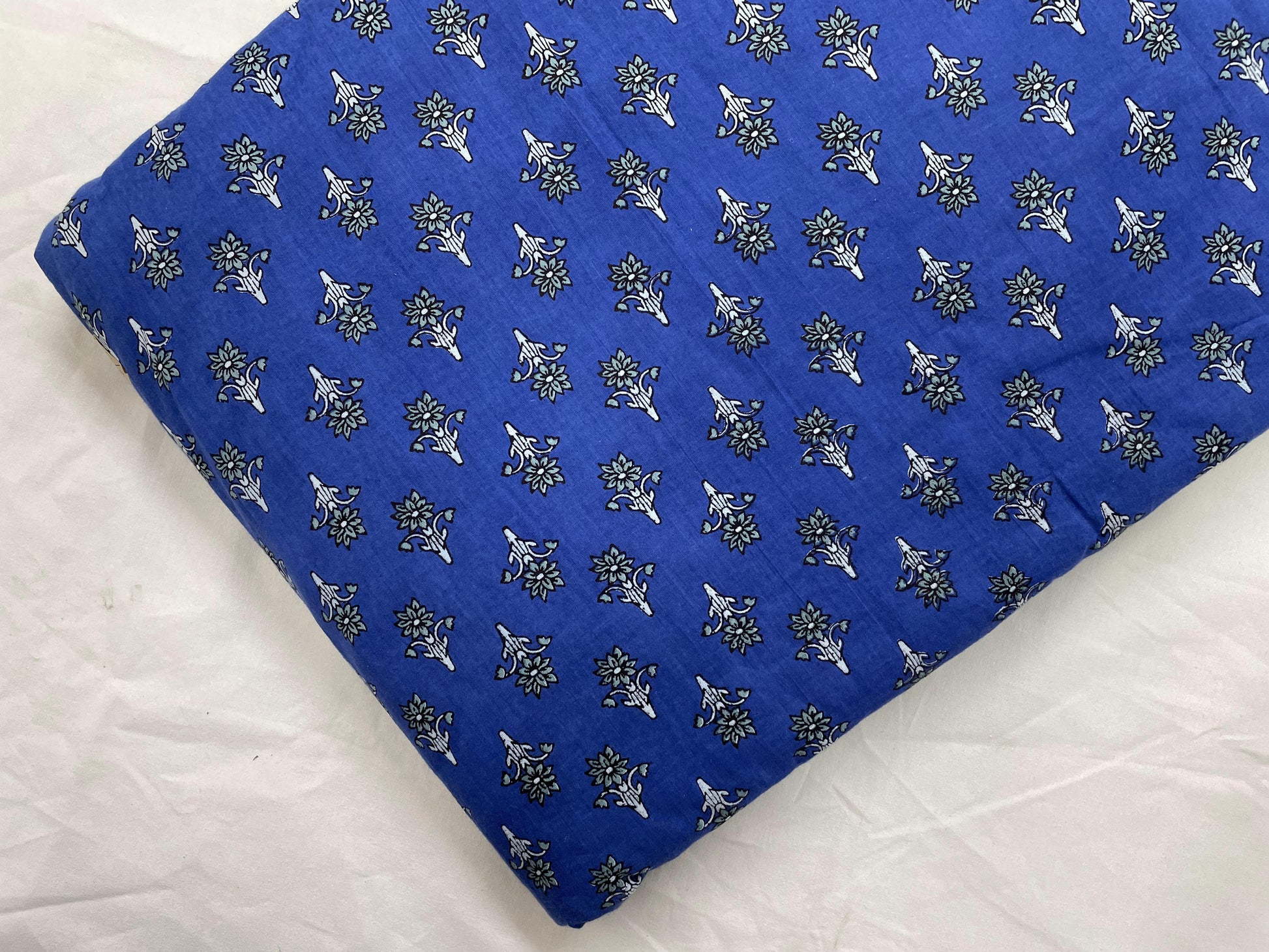 Blue Handblock Floral Print Cotton Fabric - TradeUNO