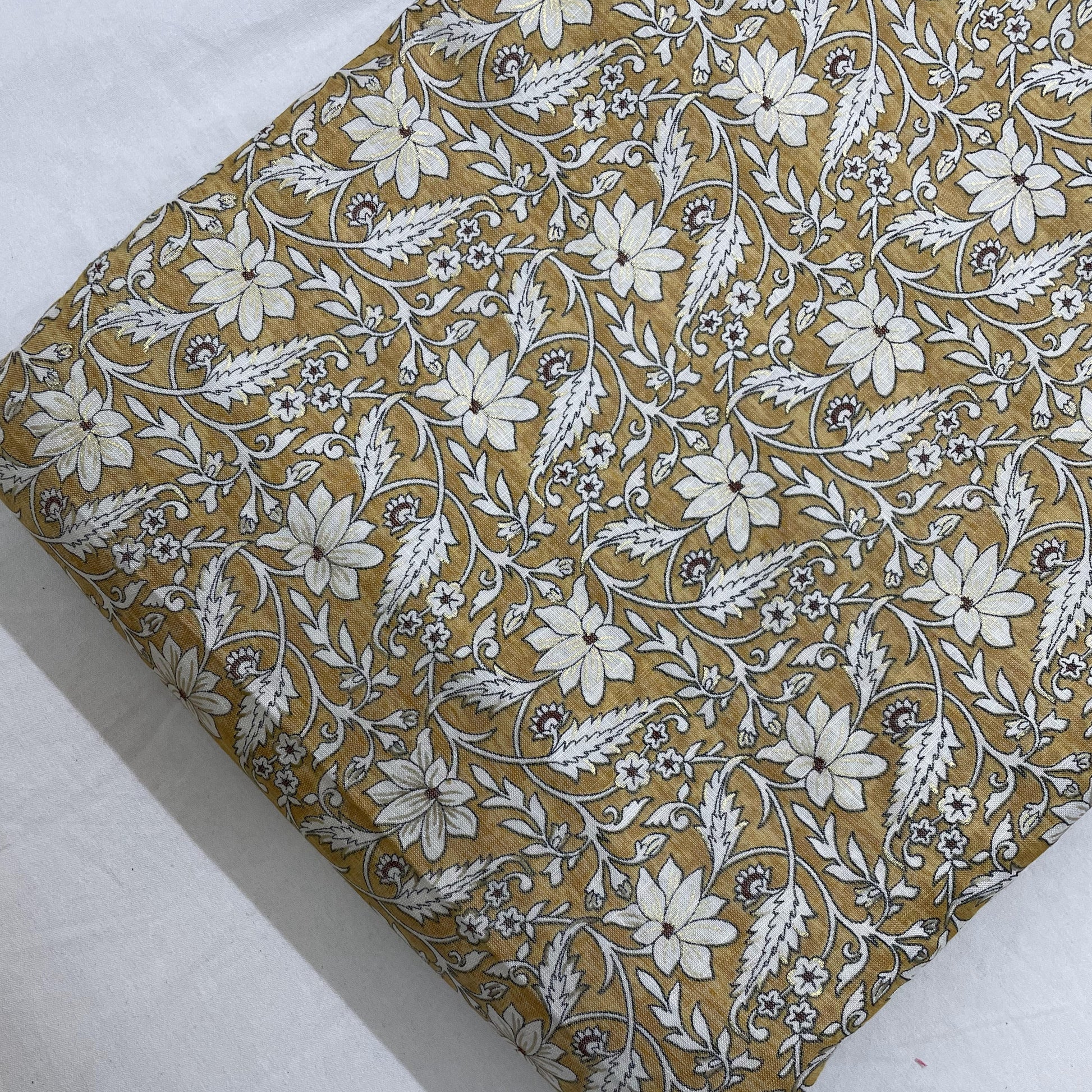 Yellow Floral With Foil Print Rayon Fabric - TradeUNO
