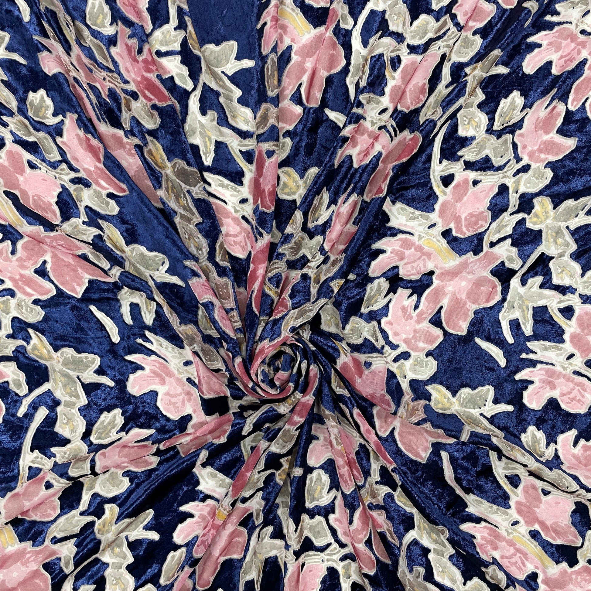 Navy Blue Floral Brasso Velvet Fabric - TradeUNO