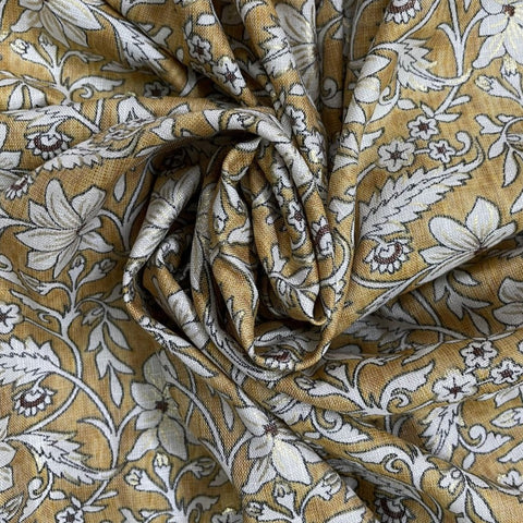 Yellow Floral With Foil Print Rayon Fabric - TradeUNO