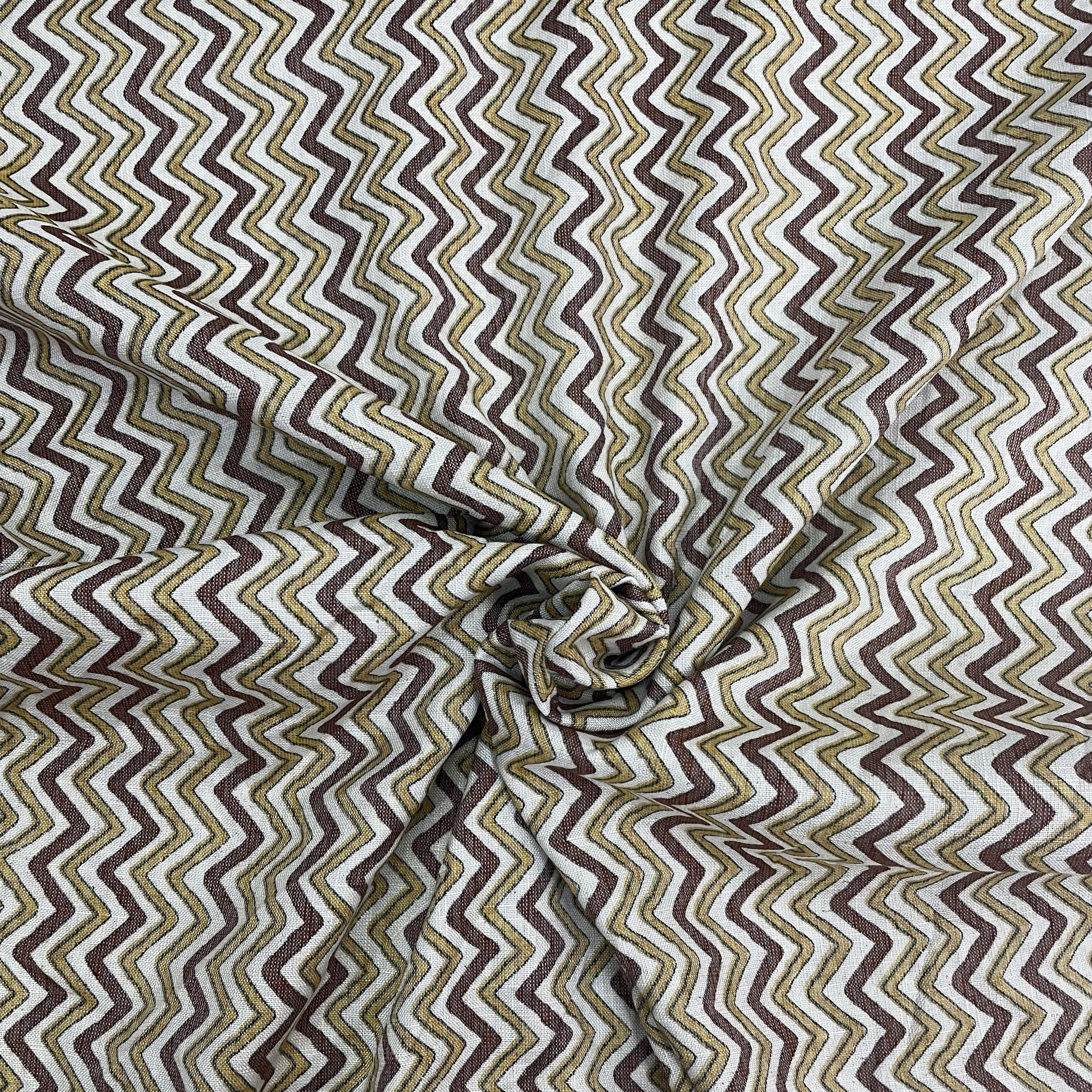 White With Yellow And Brown Chevron Print Rayon Fabric - TradeUNO