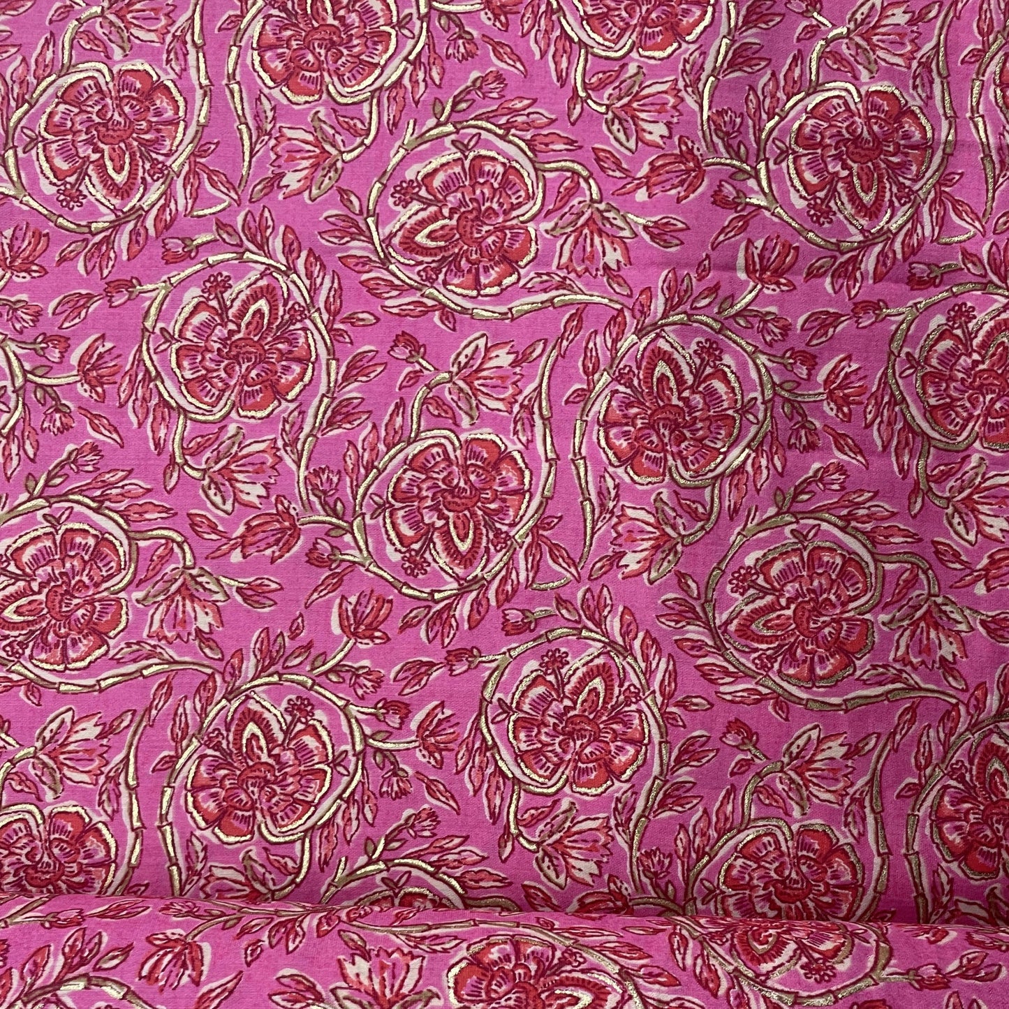 Pink Floral With Foil Print Viscose Chanderi Fabric - TradeUNO