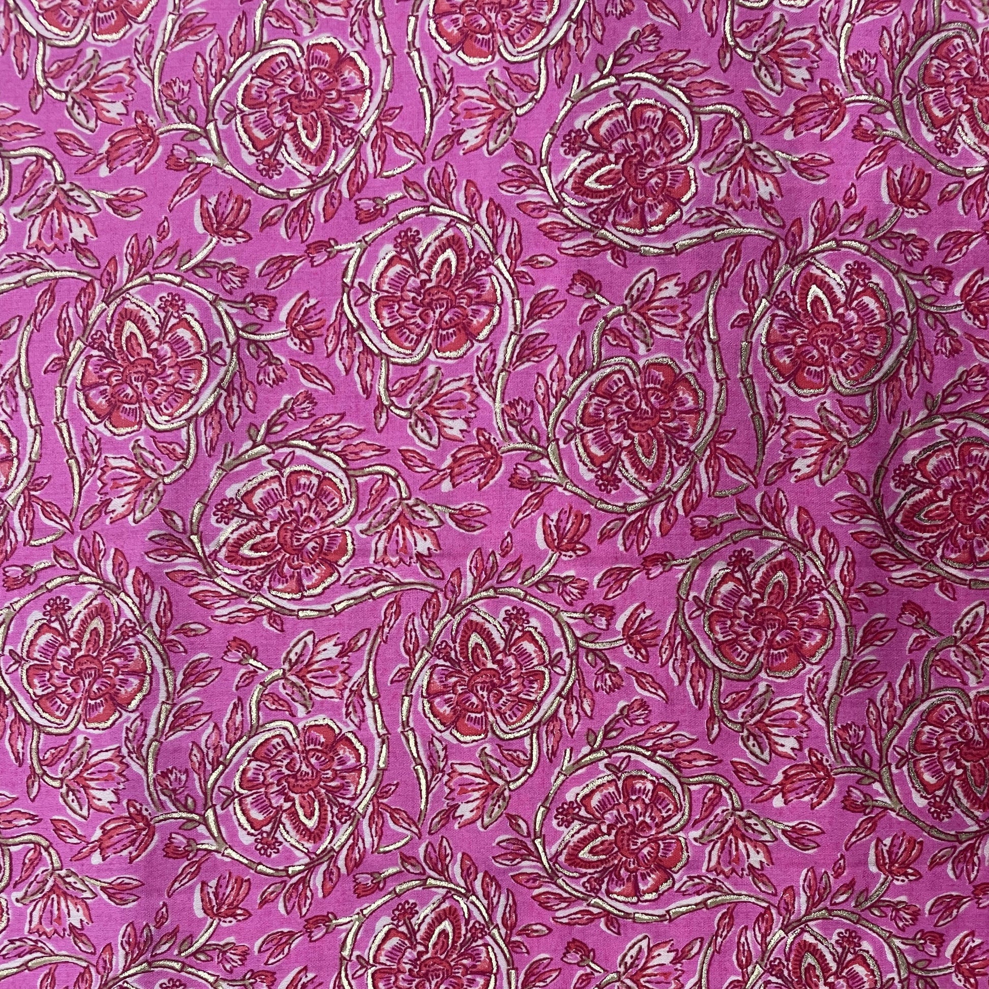 Pink Floral With Foil Print Viscose Chanderi Fabric - TradeUNO
