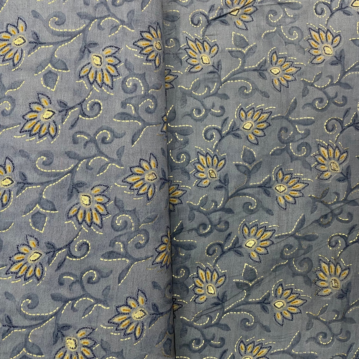 Navy Blue Floral With Foil Print Viscose Chanderi Fabric - TradeUNO