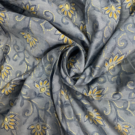 Blue Grey Floral with Foil Print Chanderi Fabric